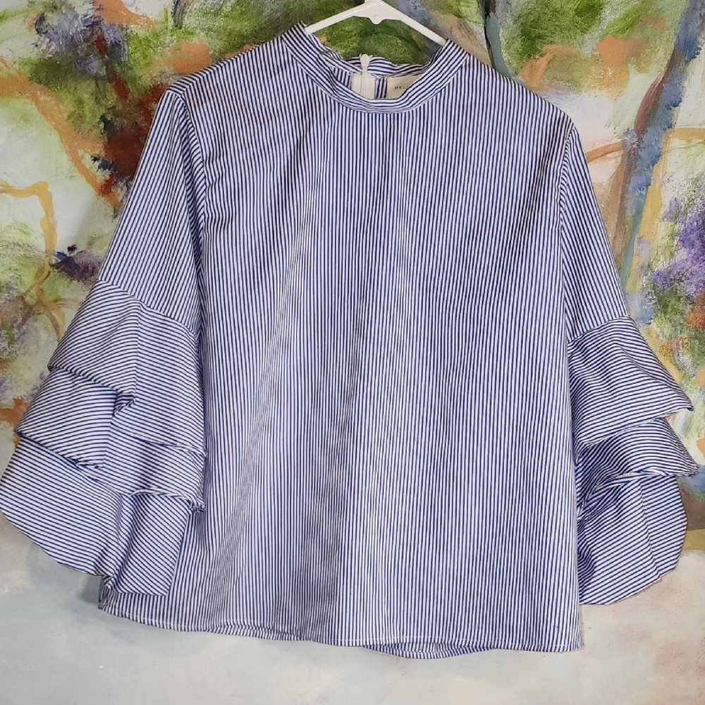 MELLODAY Navy Striped Ruffle Blouse
